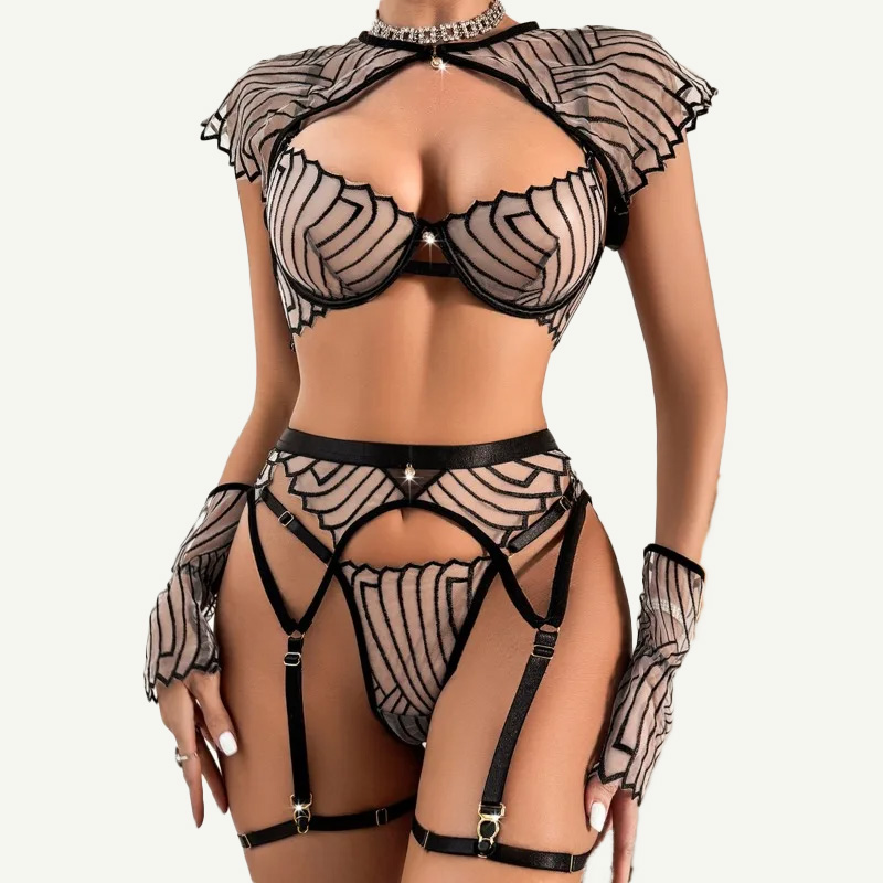 Garter Belt Set - طقم لانجري نسائي أسود بتصميم هندسي
